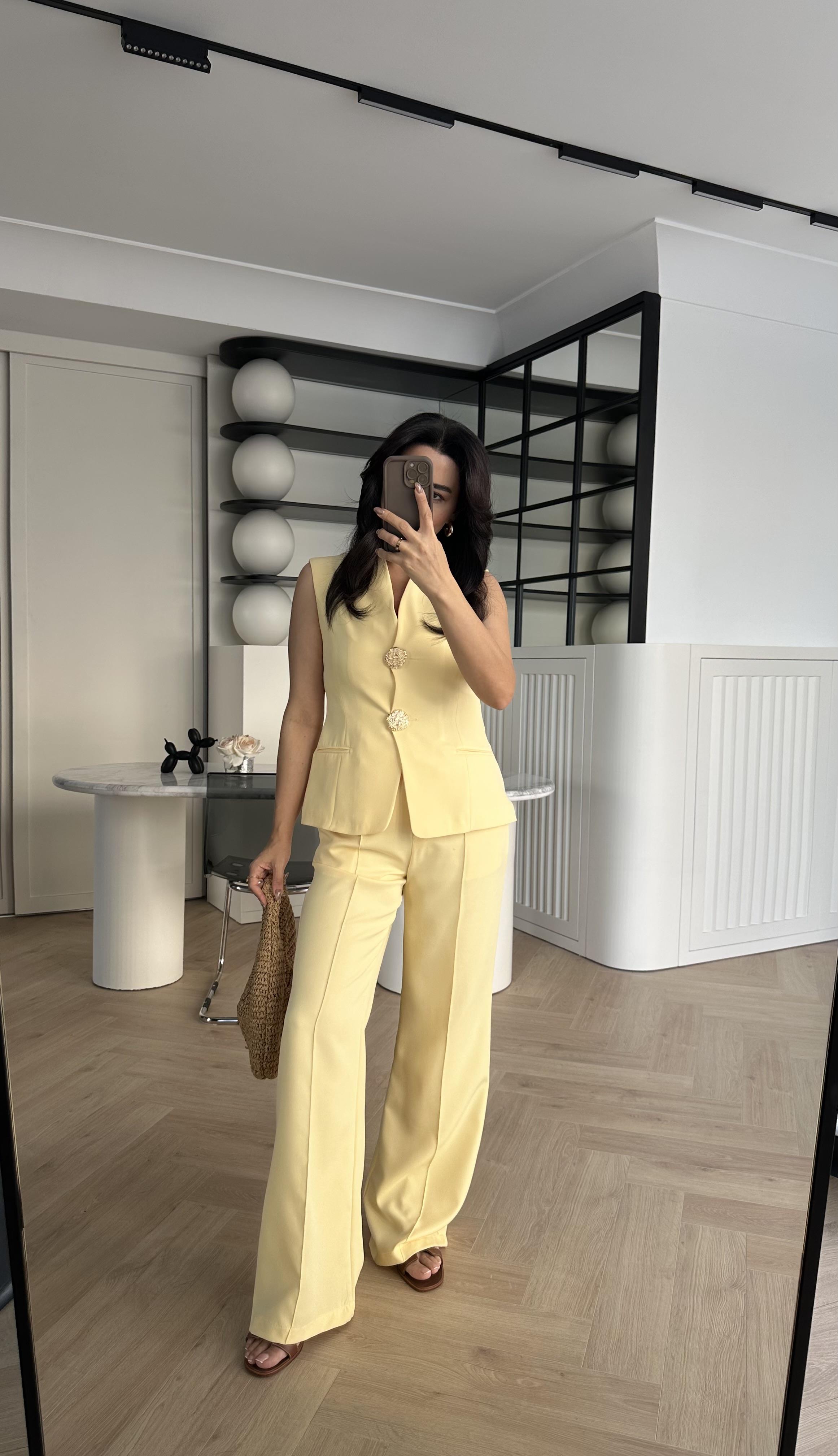 Sarı Gold Düğmeli Ceket Pantolon Takım