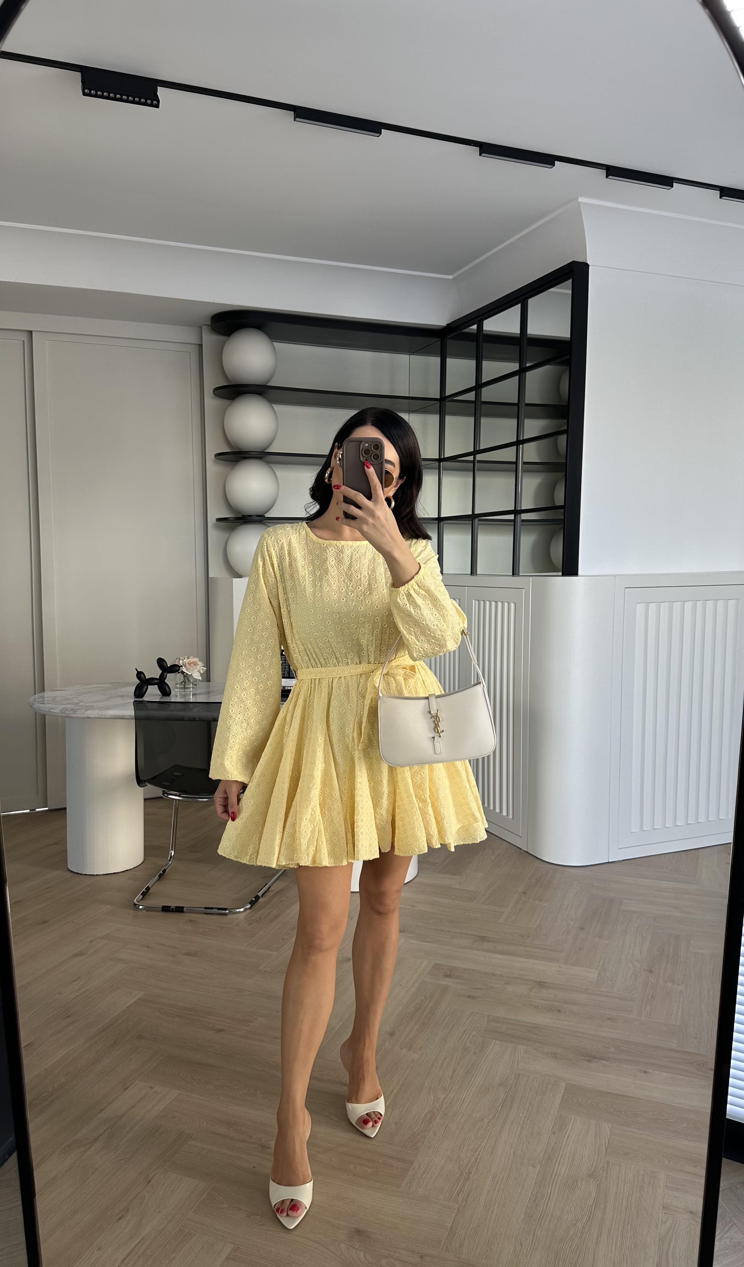 Sarı Kemerli Astarlı Fisto Elbise