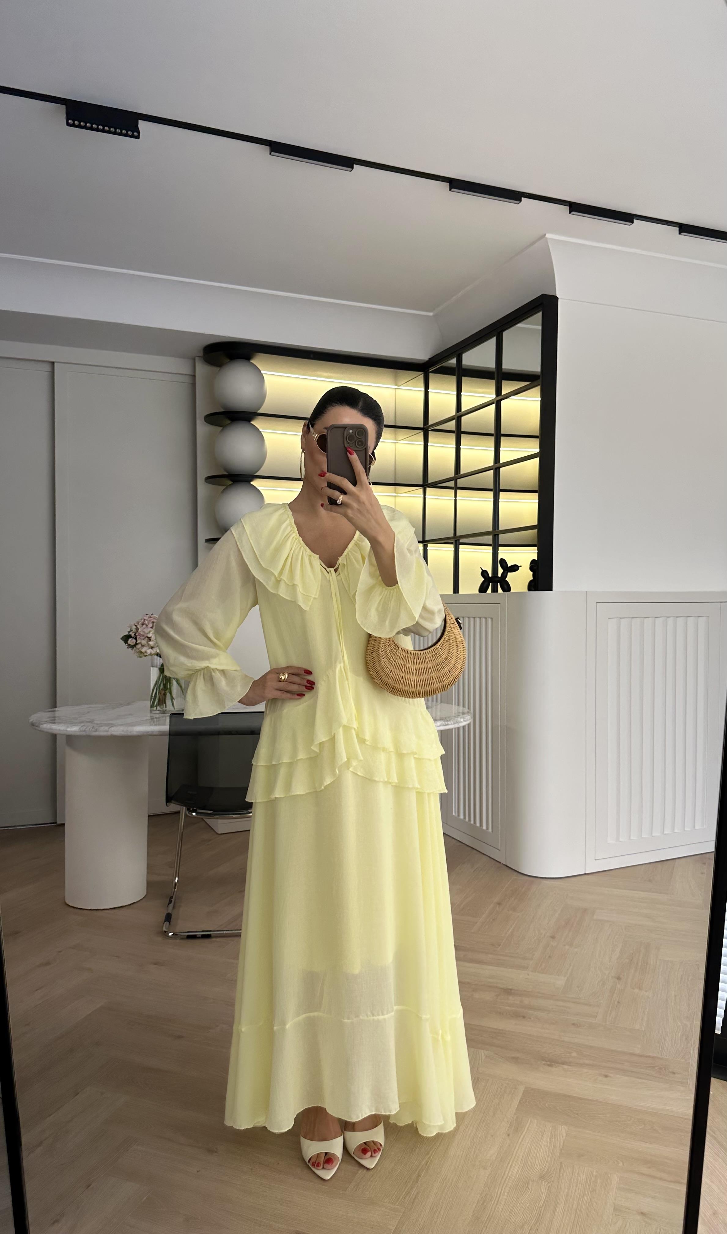 Sarı Özel Pamuklu Vual Kumaş Astarlı Marka Model Elbise