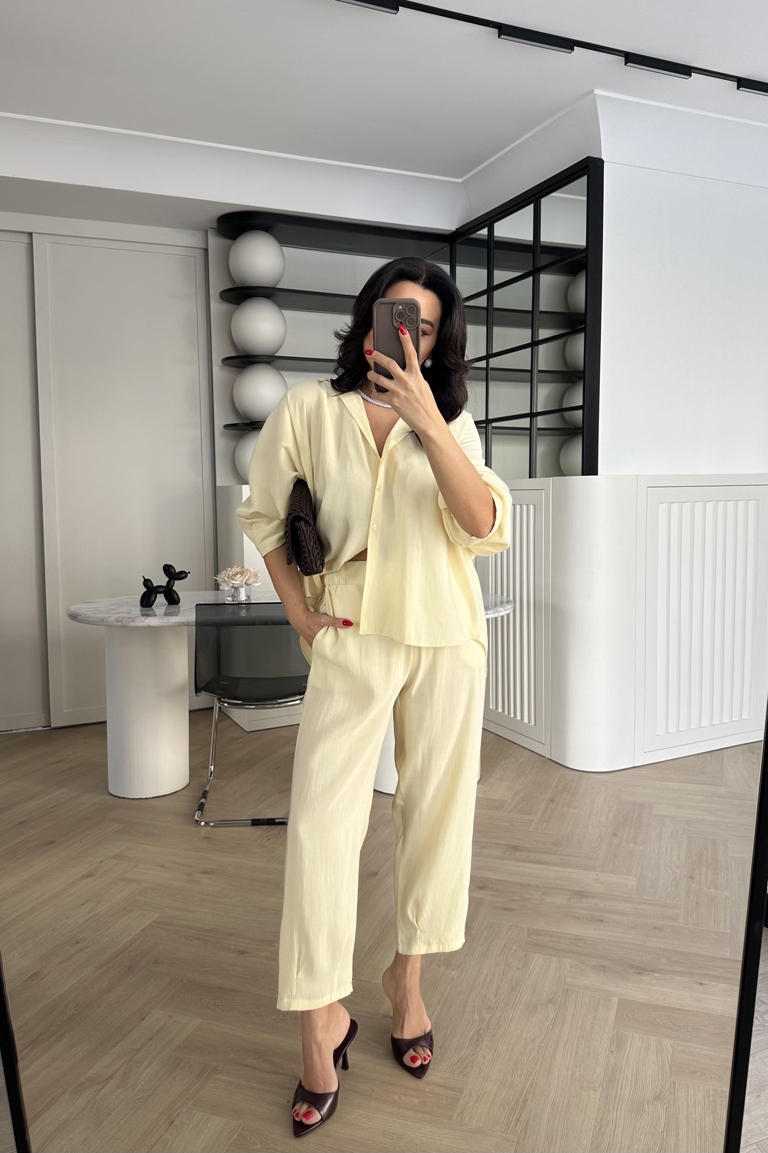 Sarı Tensel Kumaş Massi Gömlek Pantolon Takım