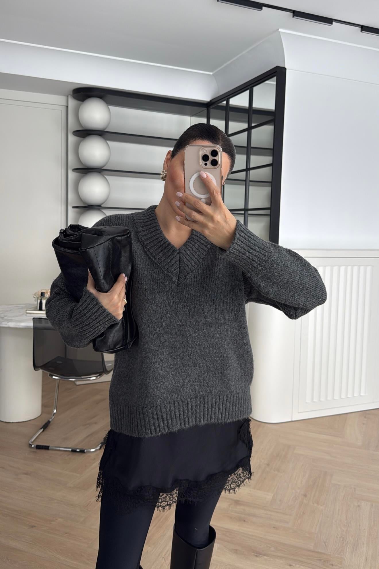 SATEN İP ASKILI ELBİSE ASTARLI TRİKO KAZAK ANTRASİT 