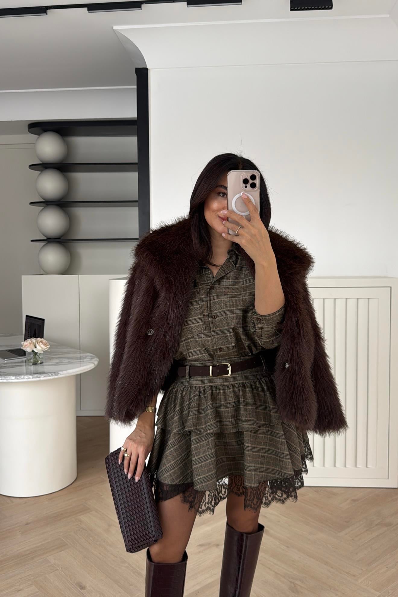 SİM DETALI ŞAL YAKA KÜRK KAHVE