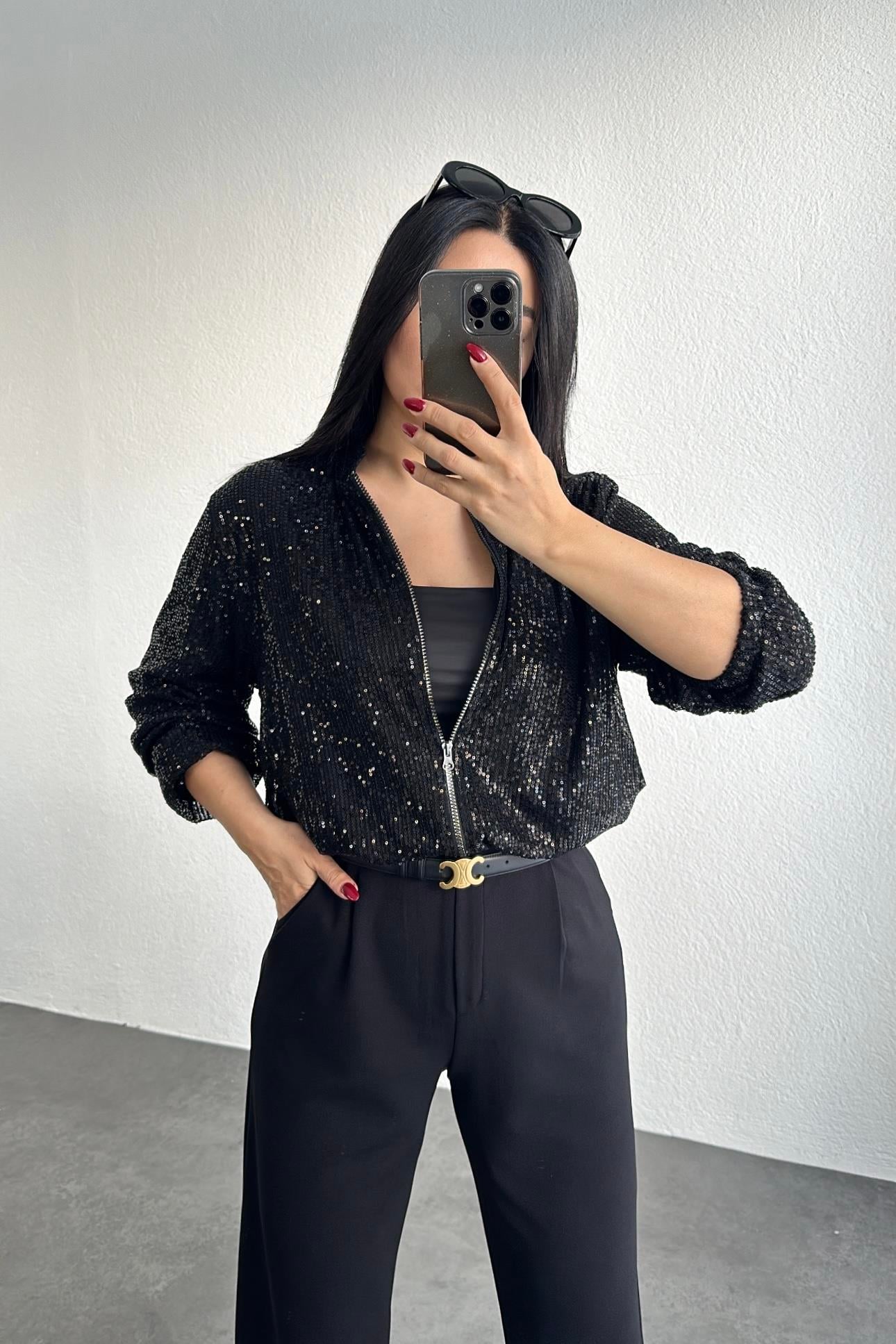 Siyah Astarlı Fermuarlı Pul Payet Bomber Ceket