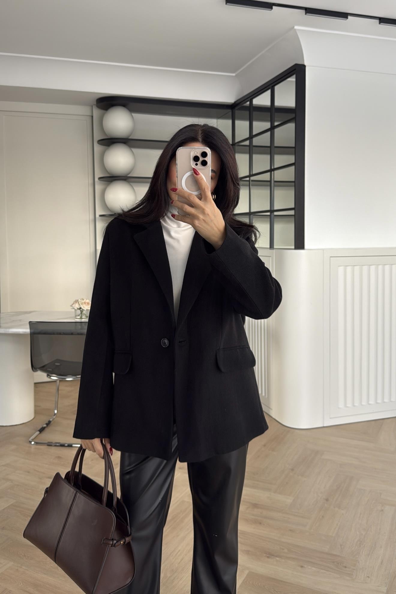 SİYAH ASTARLI TEK DÜĞMELİ KAŞE BLAZER CEKET 