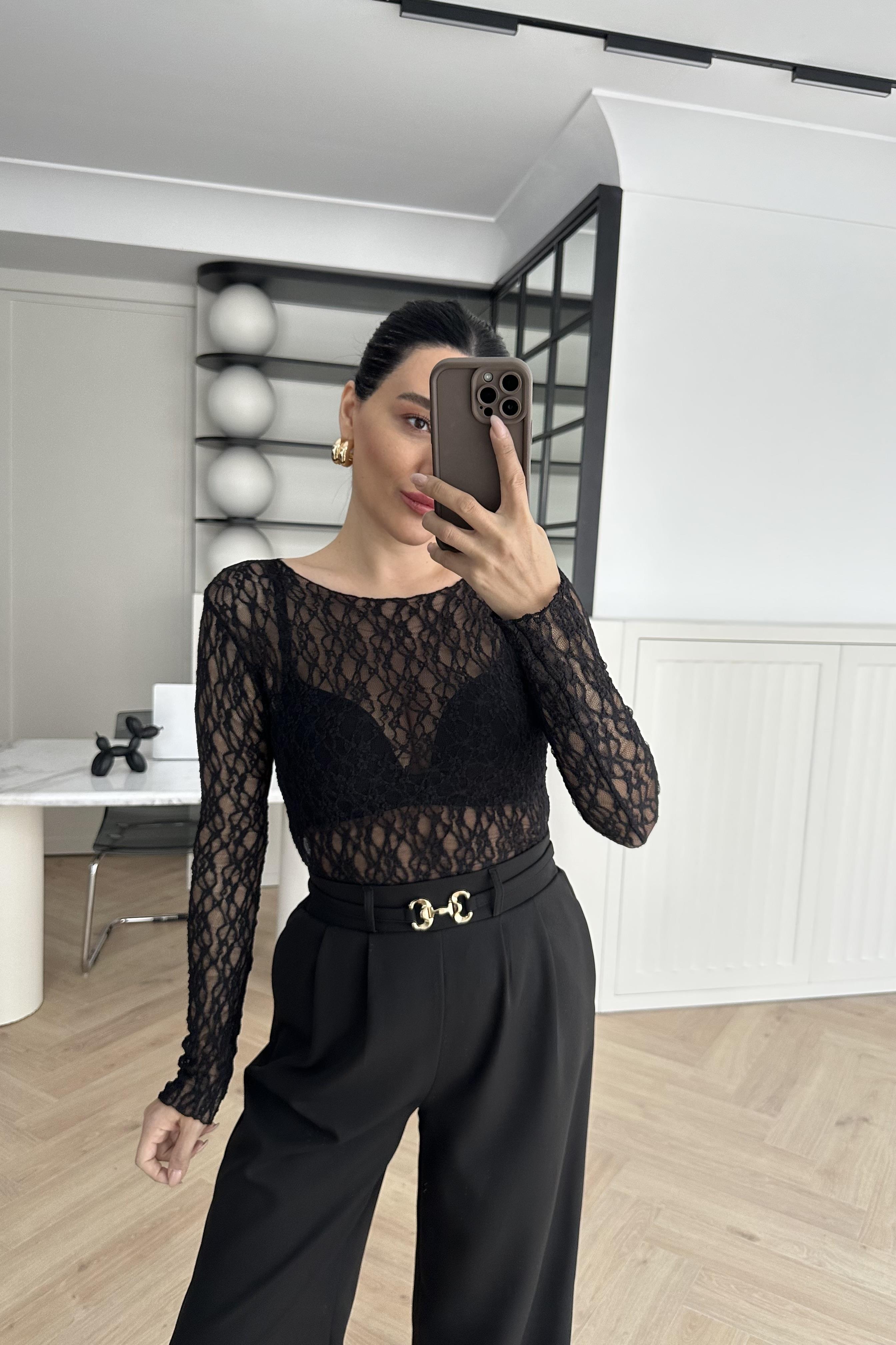 Siyah Dantelli Transparan Bluz 