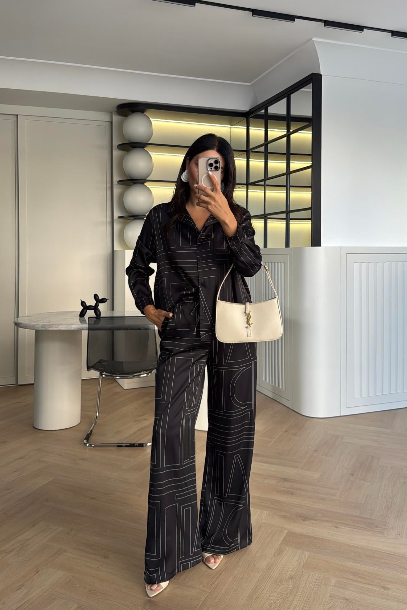 SİYAH GEOMETRİK DESENLİ GÖMLEK PANTOLON TAKIM