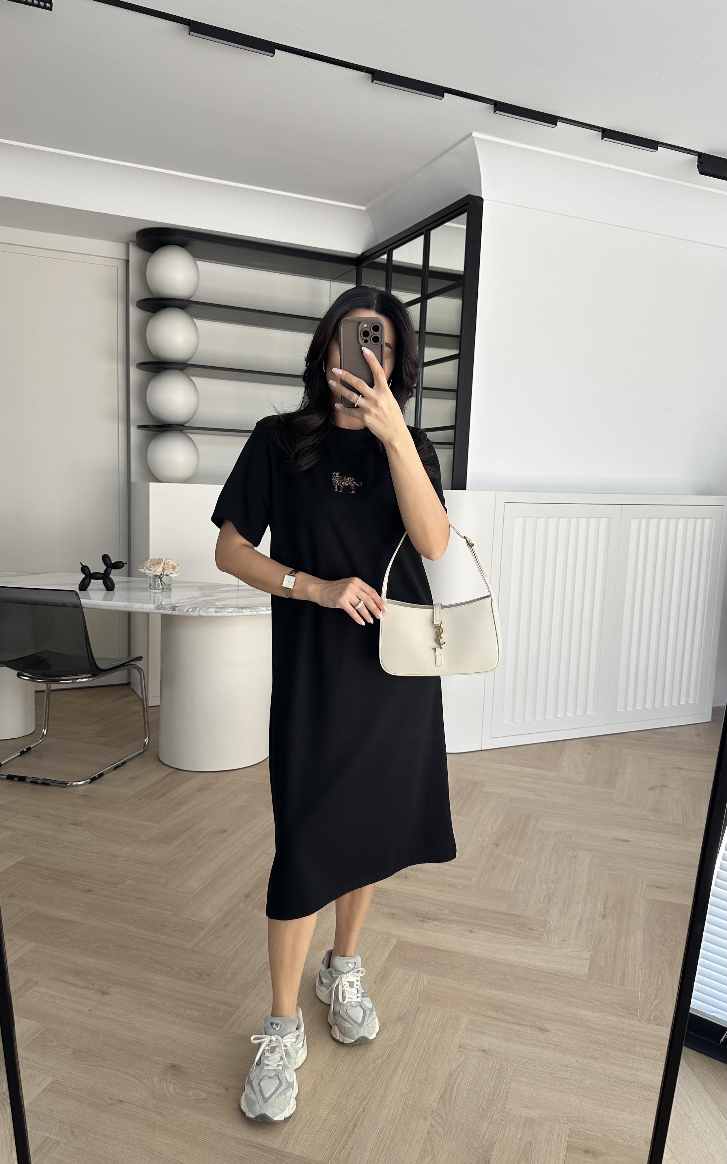 Siyah Kaplan Nakışlı Basic Elbise