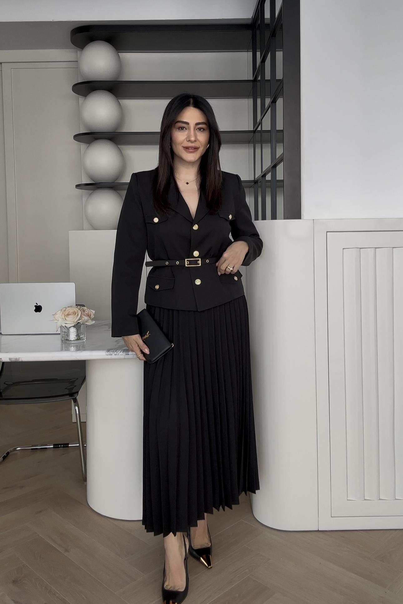 Siyah Kemerli Blazer Ceket Etekli Premium Takım