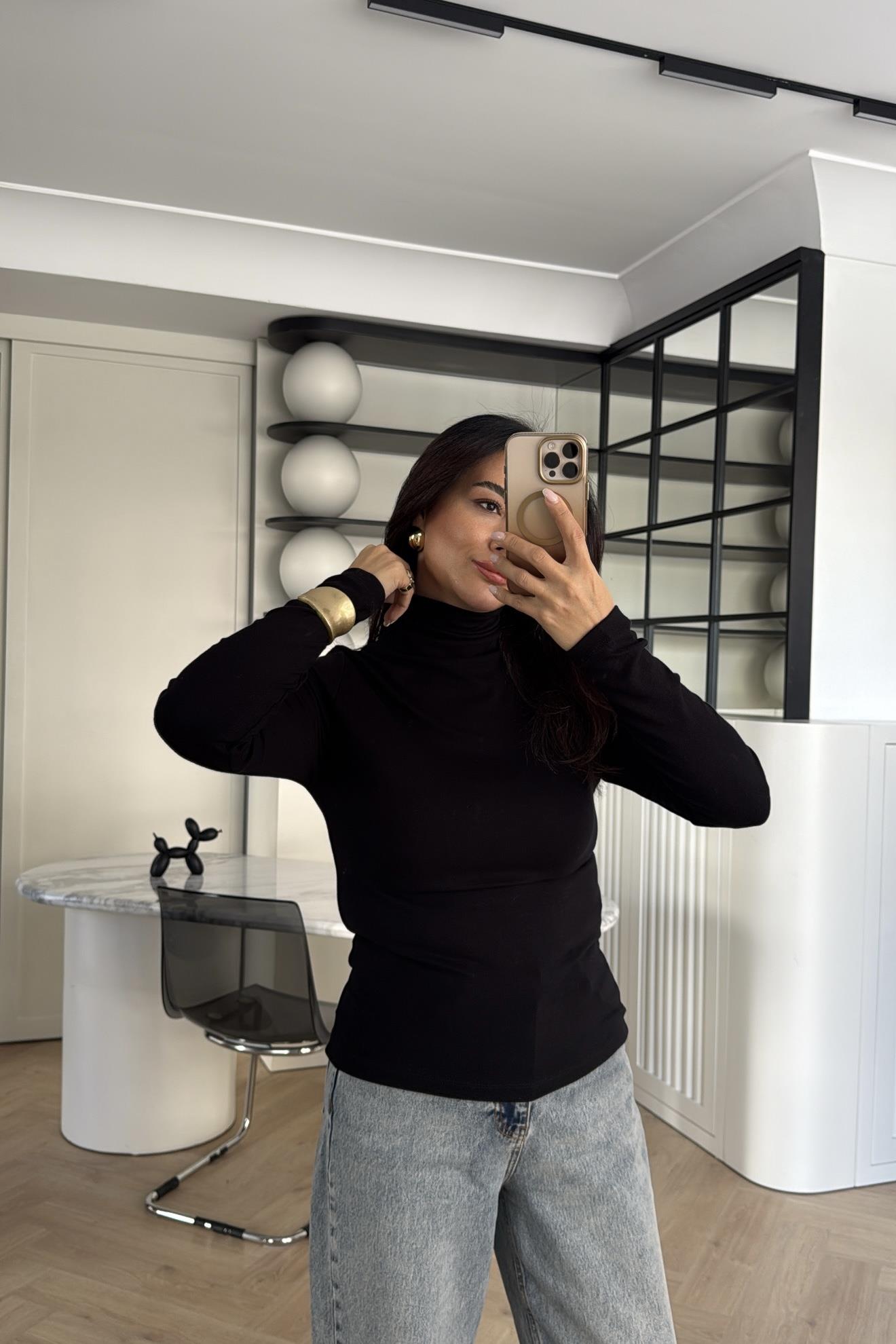 SİYAH MASSİMO MODEL BALIKÇI YAKA MODAL  BLUZ 