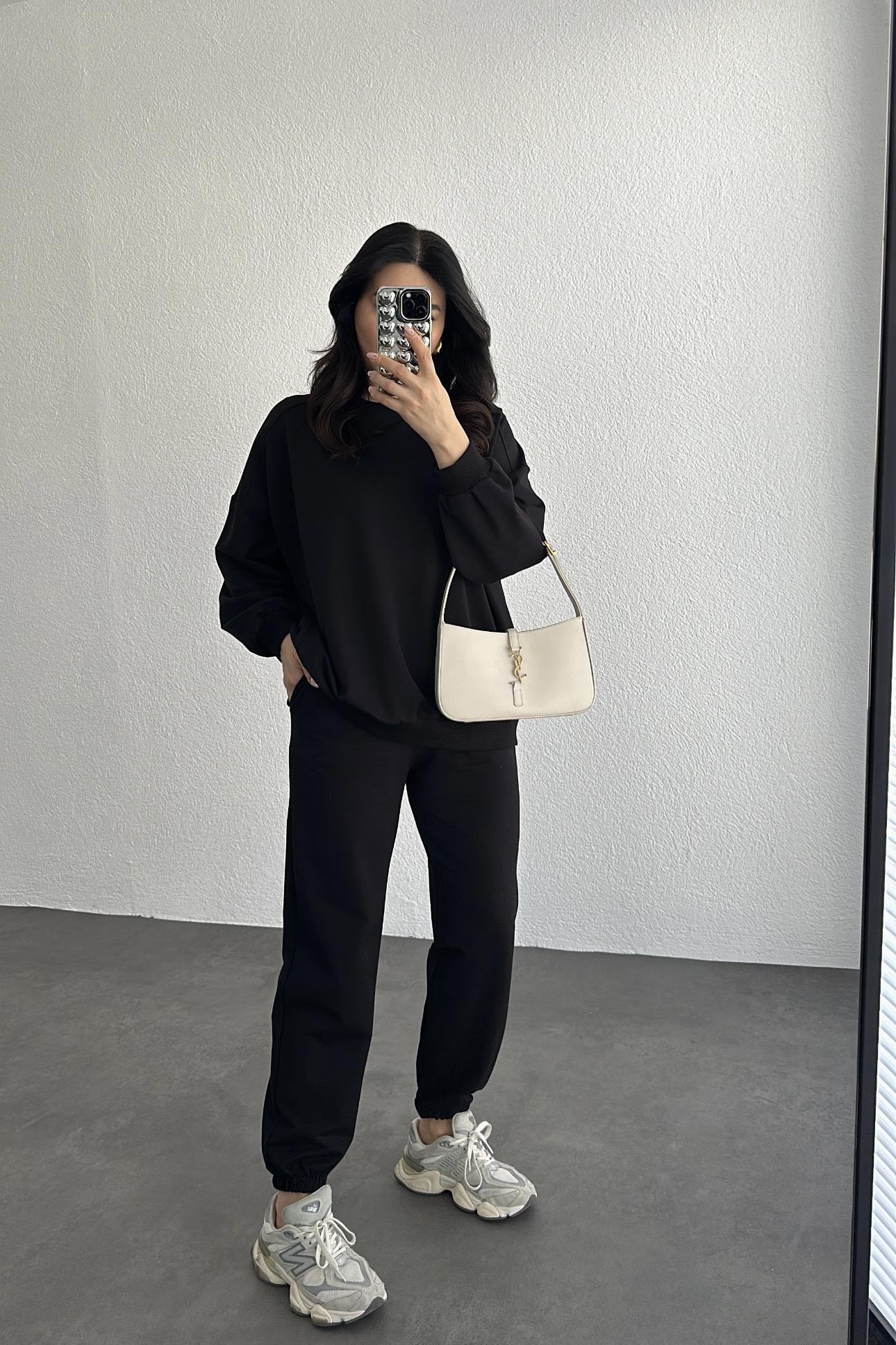 Siyah Oversize Mevsimlik Kumaş Sweatshırt Eşofman Takım