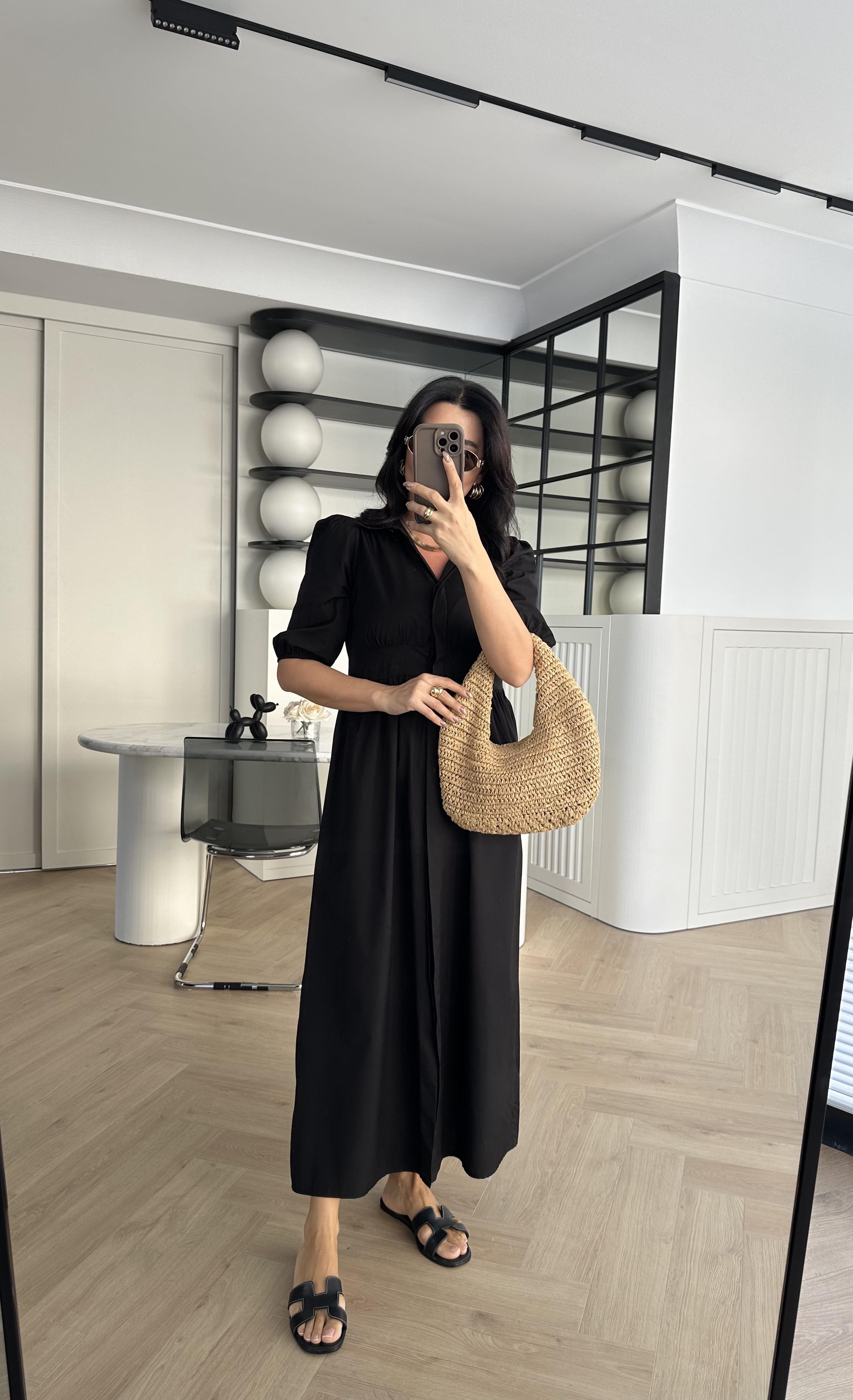 Siyah Poplin Kumaş Önden Düğmeli Elbise