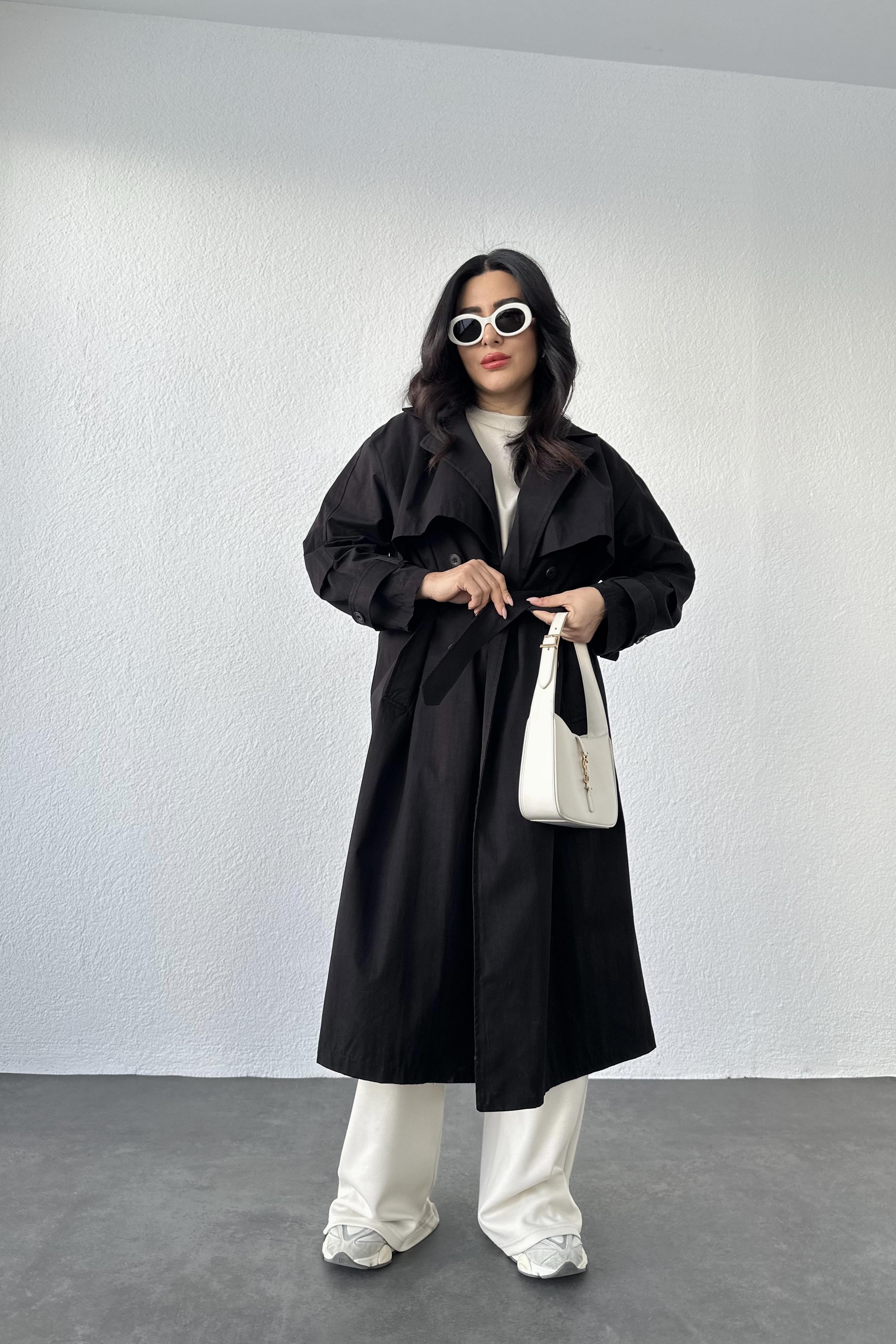 Siyah Premium Seri Rahat Kalıp Astarsız Trençkot