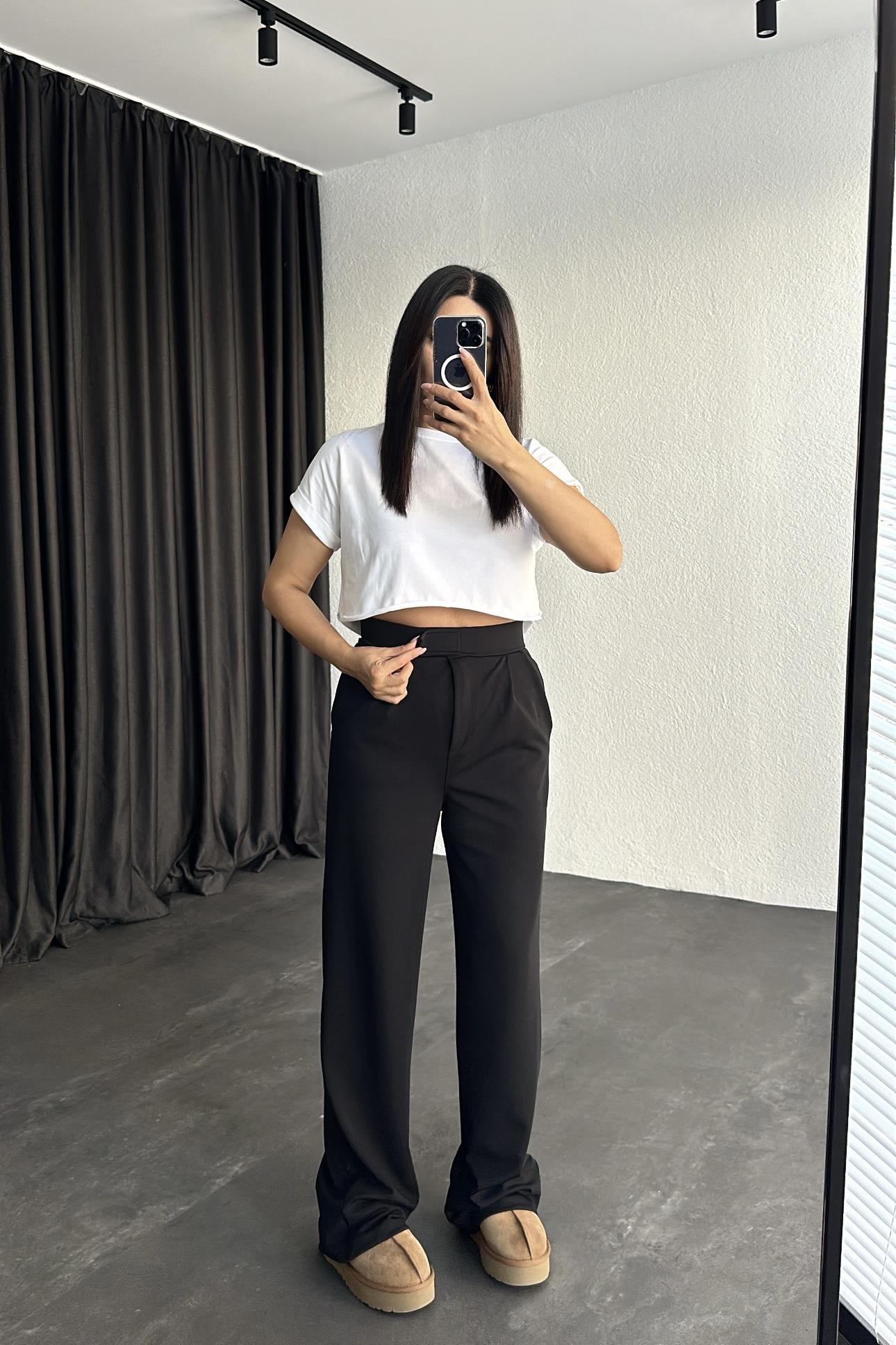 Siyah Renk Beli Cırtlı Likralı Palazzo Pantolon 