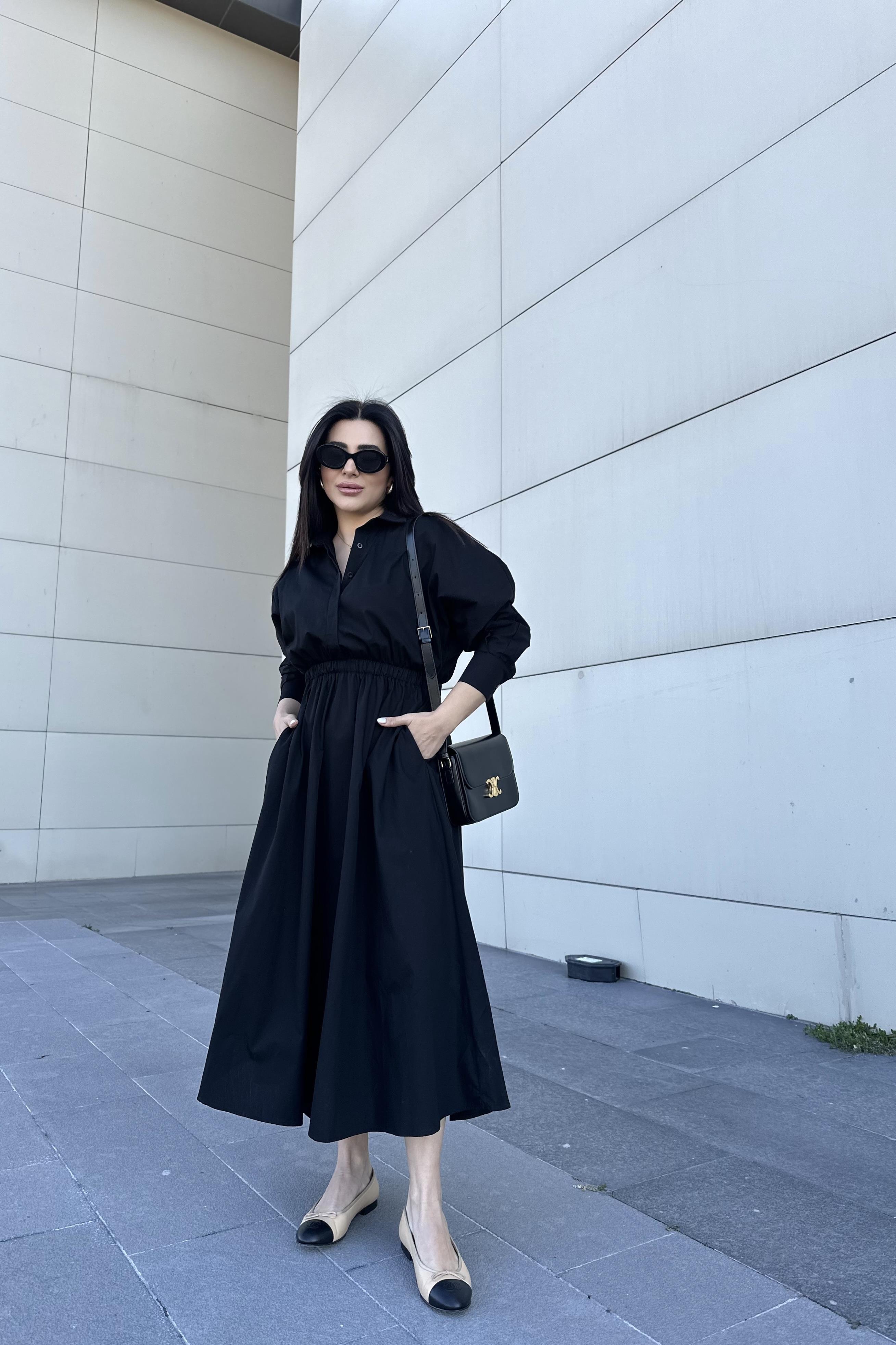 Siyah Renk Beli Lastikli Maxi Boy Poplin Kumaş Elbise