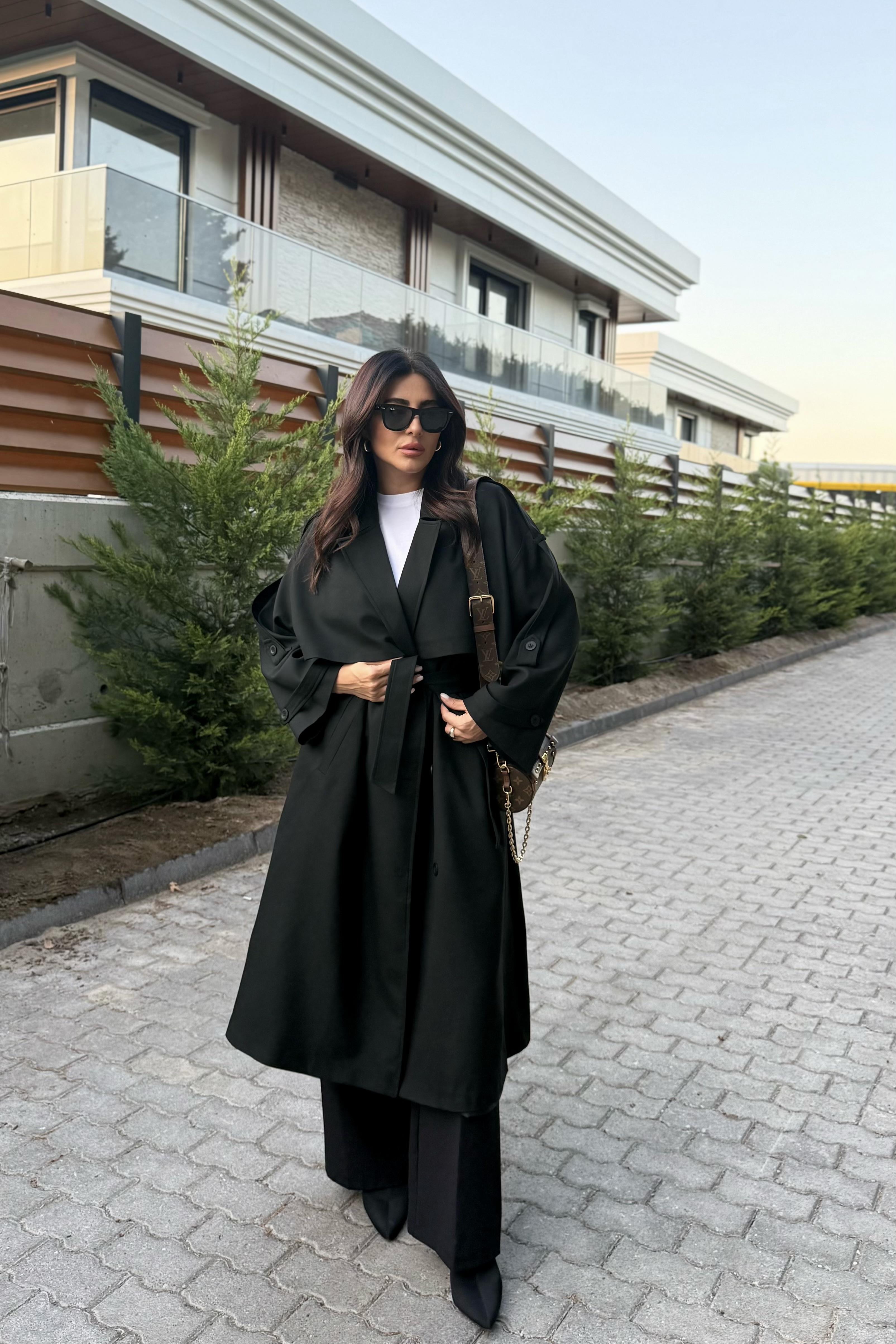 SİYAH TASARIM ASTARLI PREMIUM TRENÇKOT