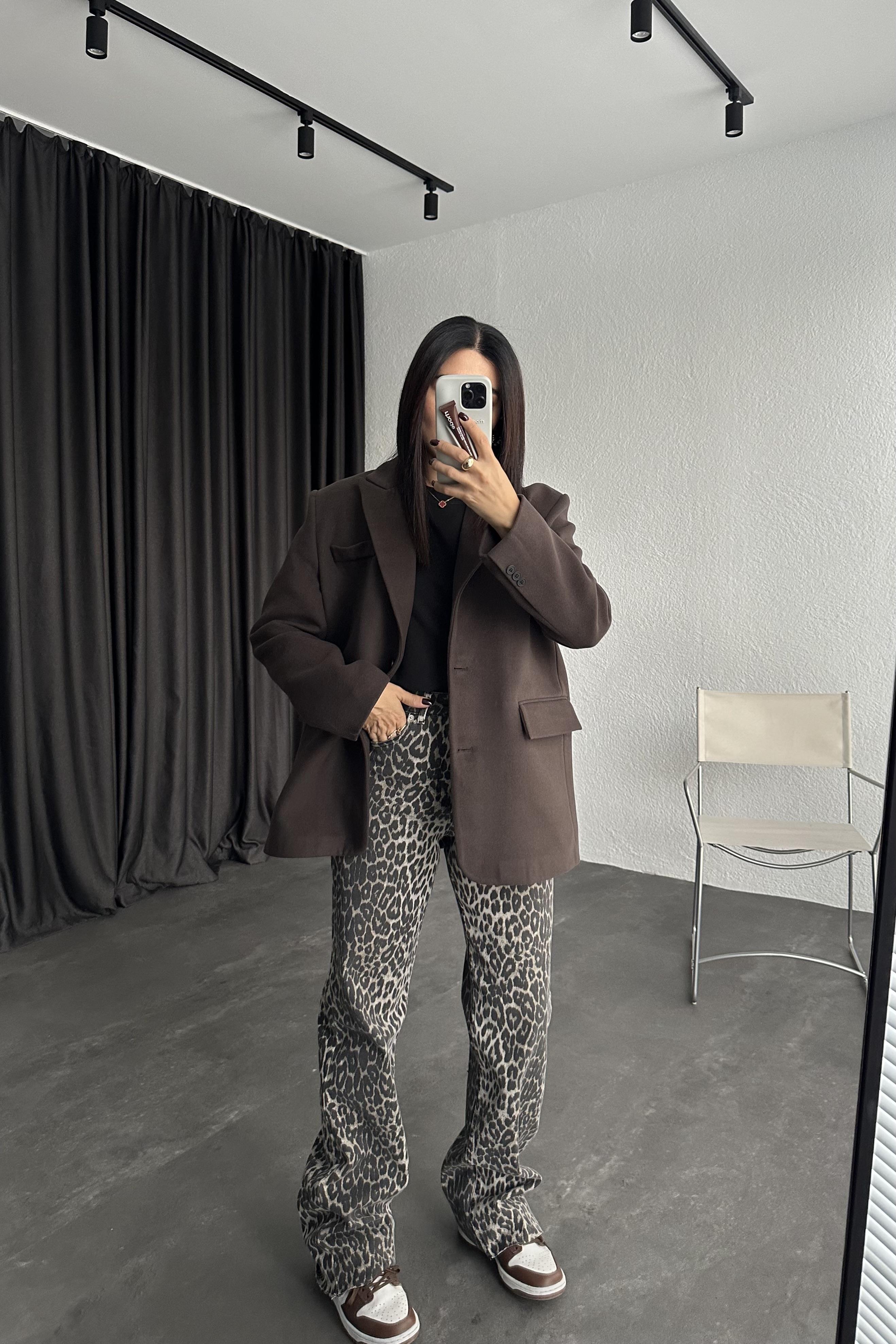 Soluk Efekt Leopar Palazzo Denim Pantolon 