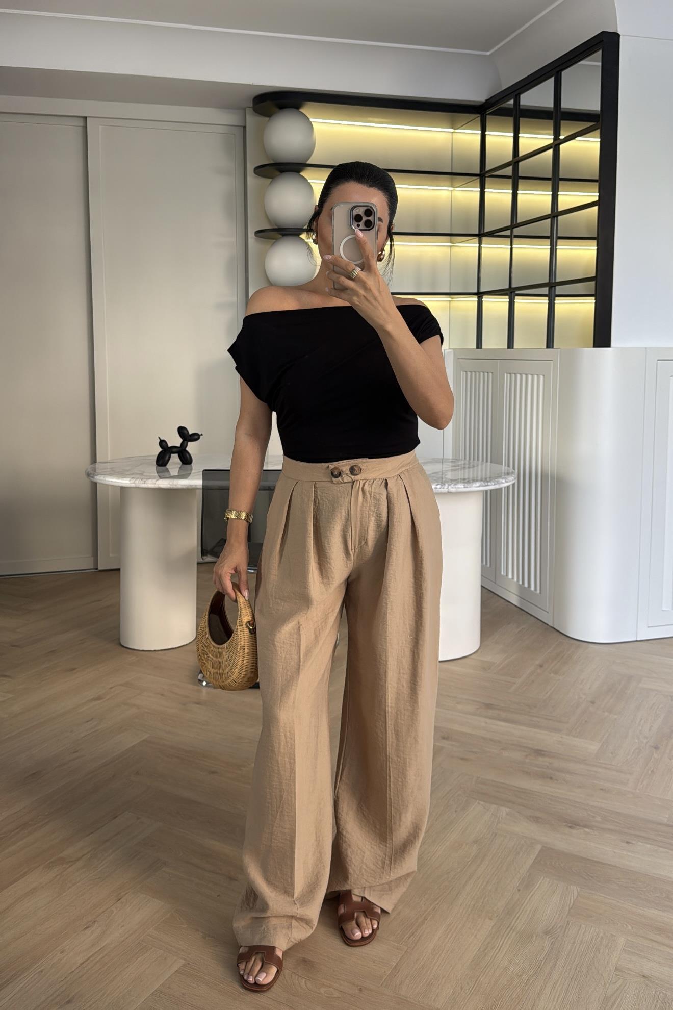 TAŞ ÖNDEN DÜĞMELİ TENSELPALAZZO PANTOLON