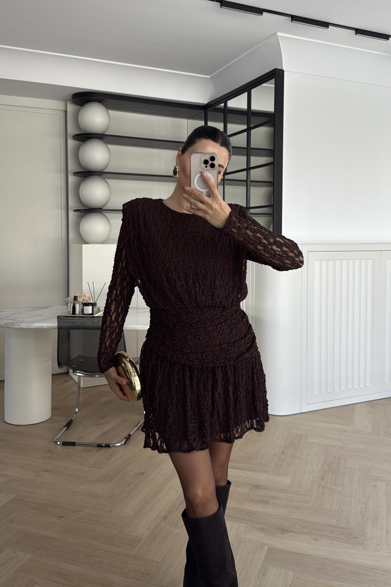 VATKALI ASTARLI DANTEL ELBİSE KAHVE