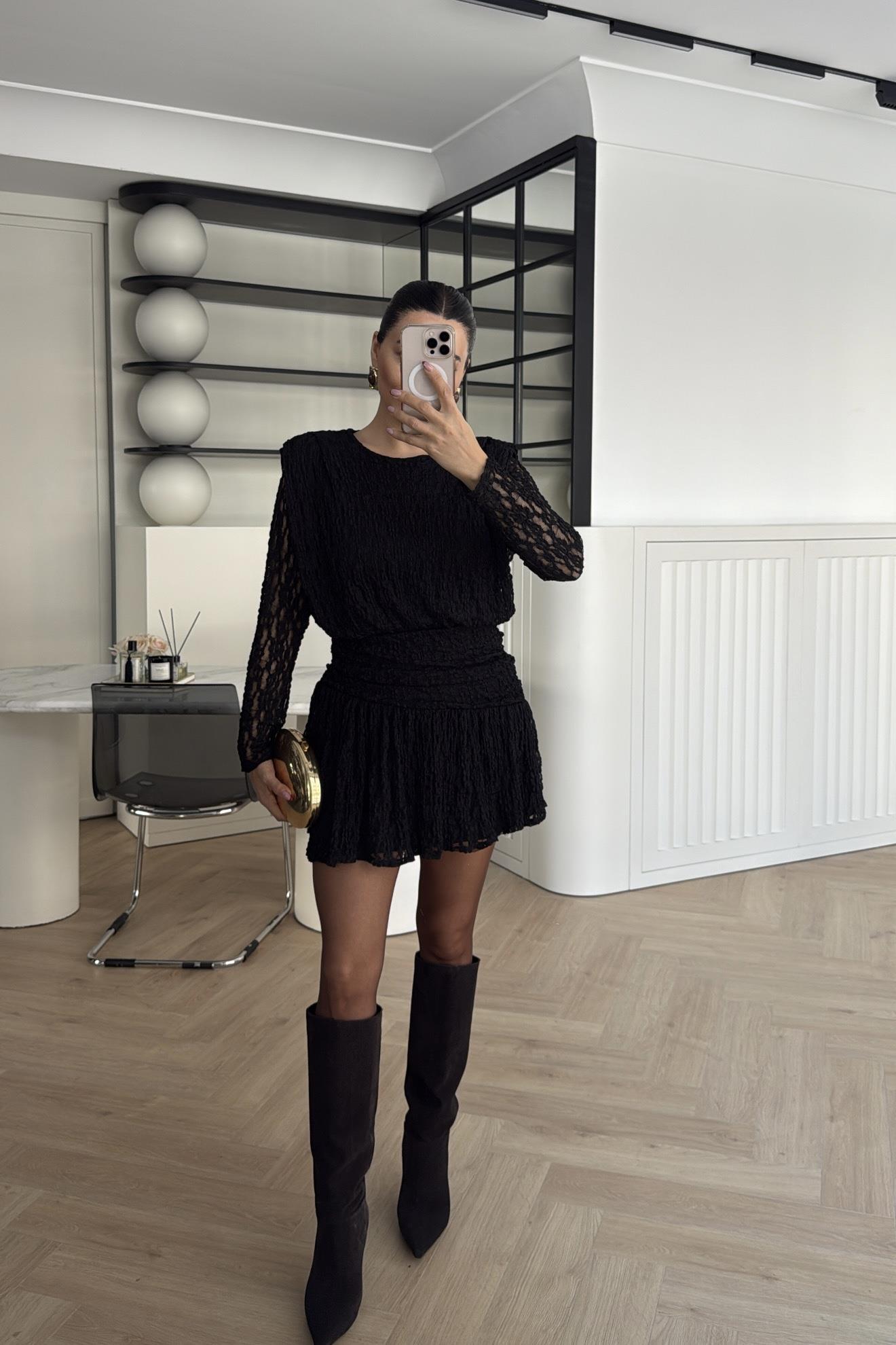 VATKALI ASTARLI DANTEL ELBİSE SİYAH