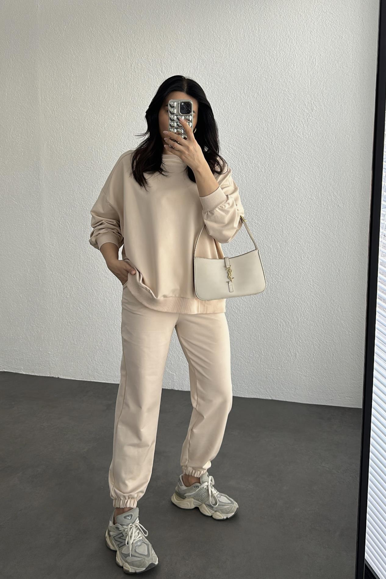 Vizon Oversize Mevsimlik Kumaş Sweatshırt Eşofman Takım