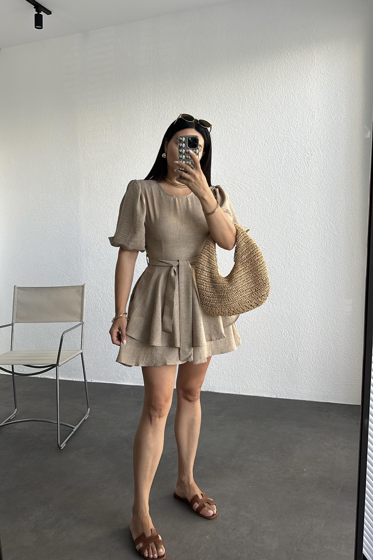 Vizon Renk Şortlu Keten Elbise