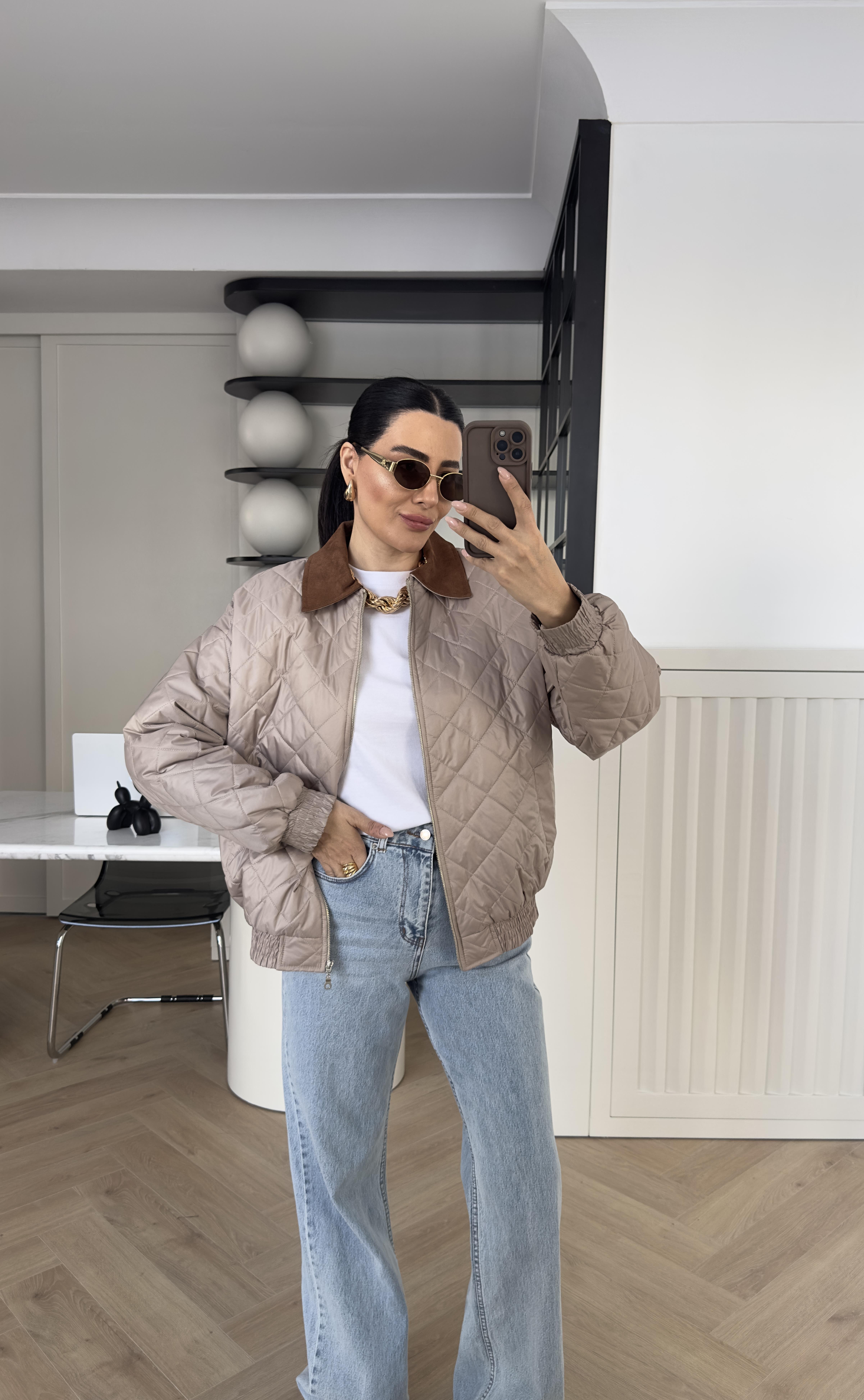 Vizon Yakası Süet Elyaf Dolgu Ceket