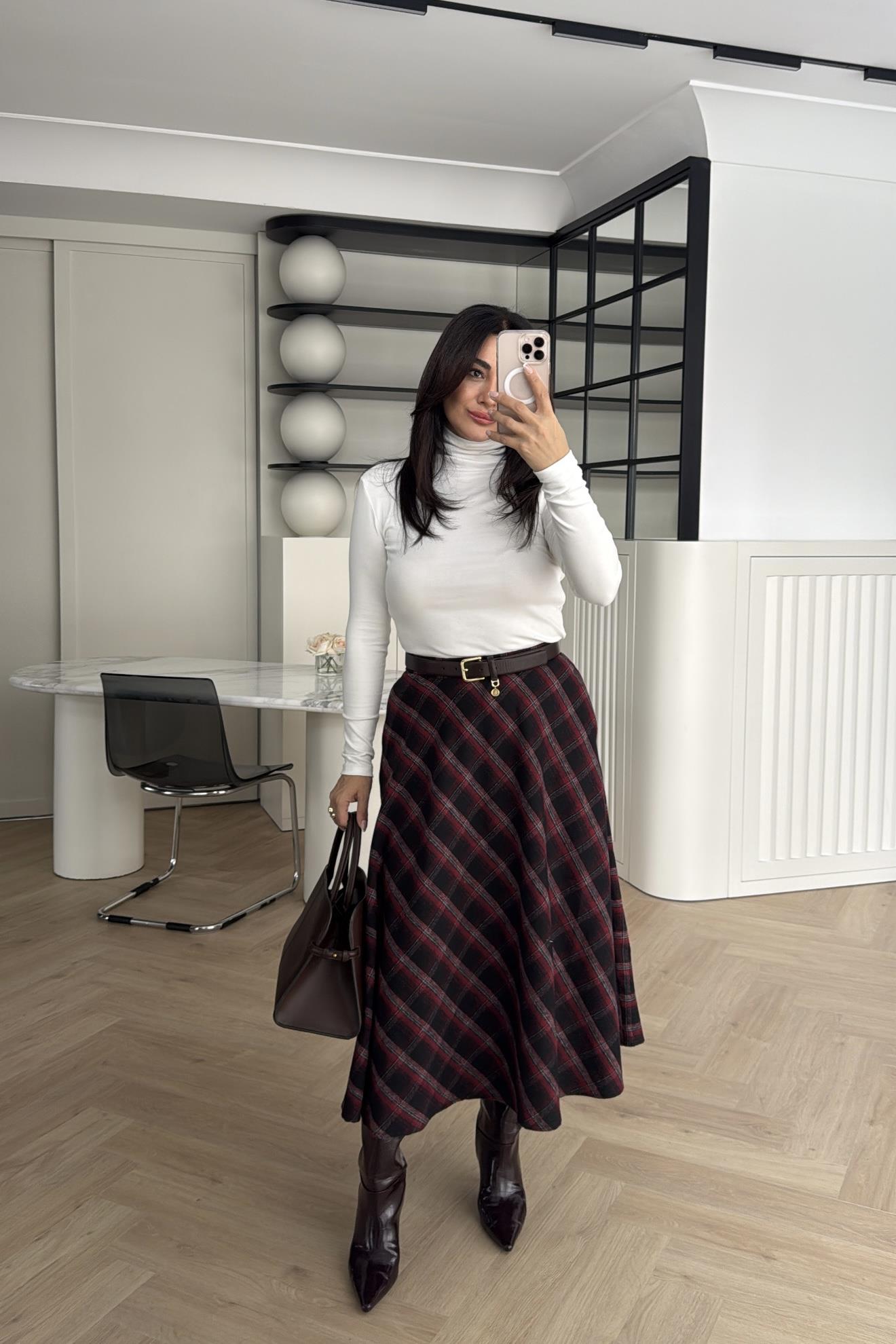 YANDAN FERMUARLI CEP DETAYLI EKOSE ETEK BORDO 