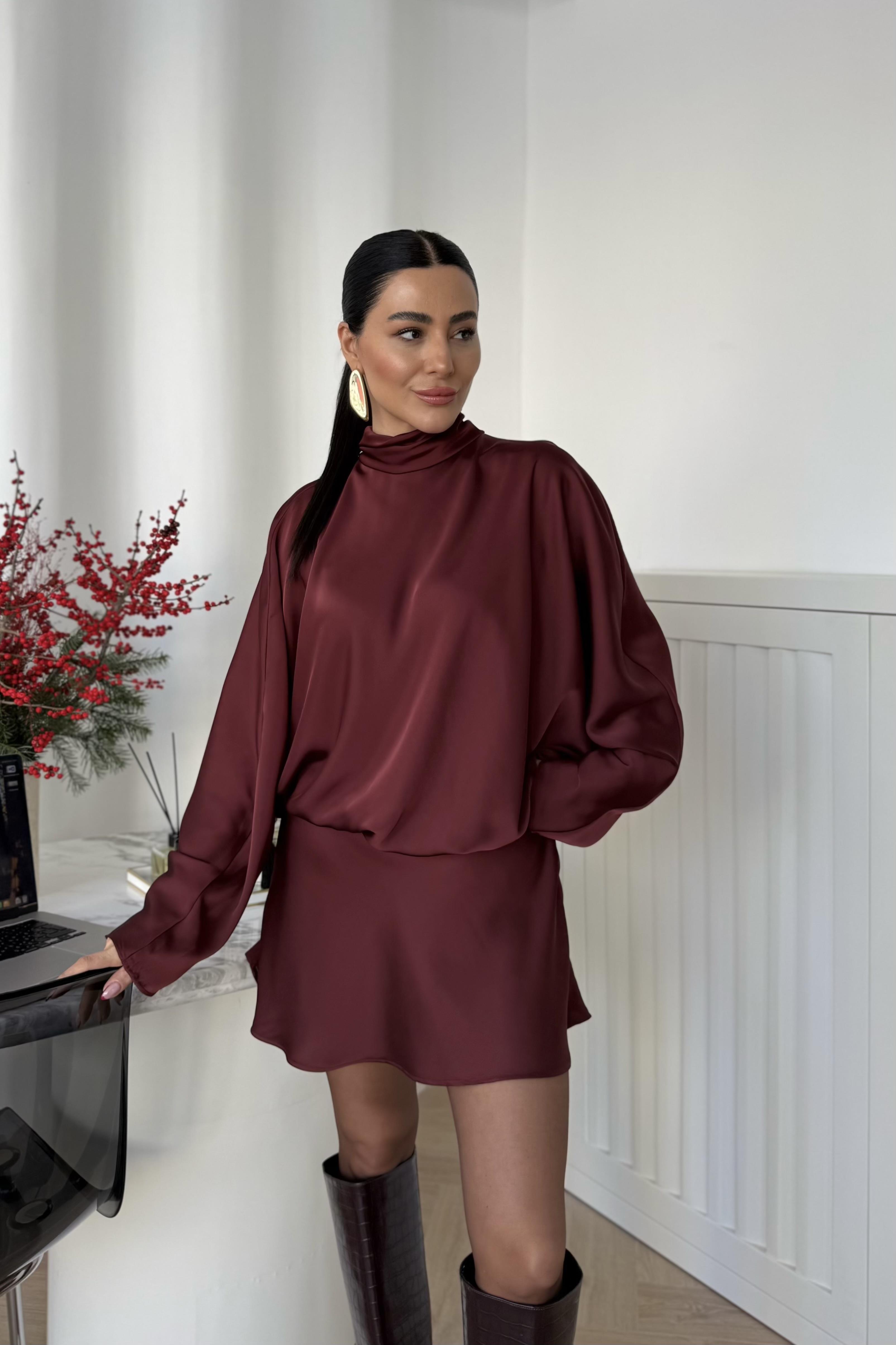 YANDAN FERMUARLI SATEN ELBİSE BORDO