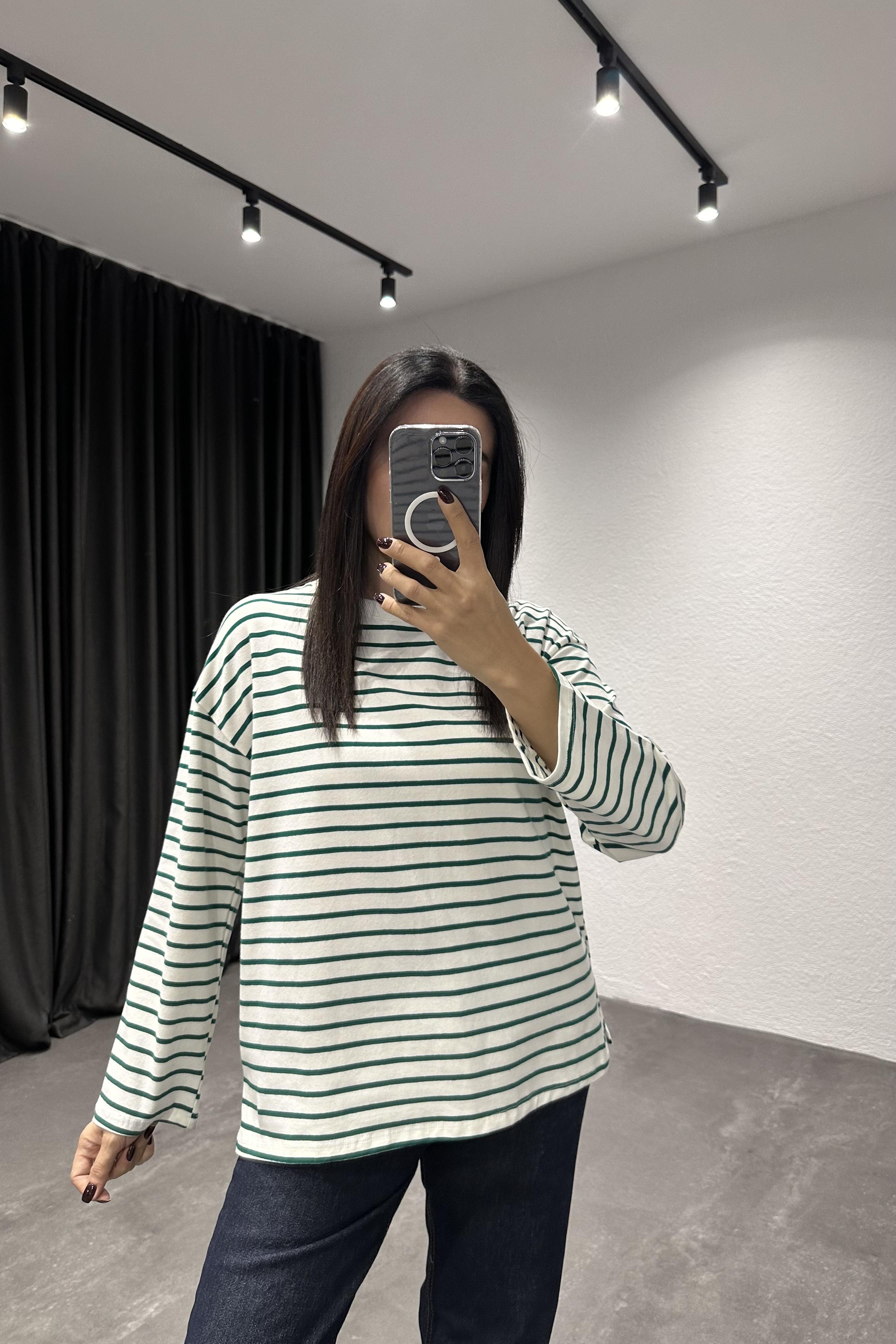 Yeşil Çizgili Uzun Kollu Basic Bluz