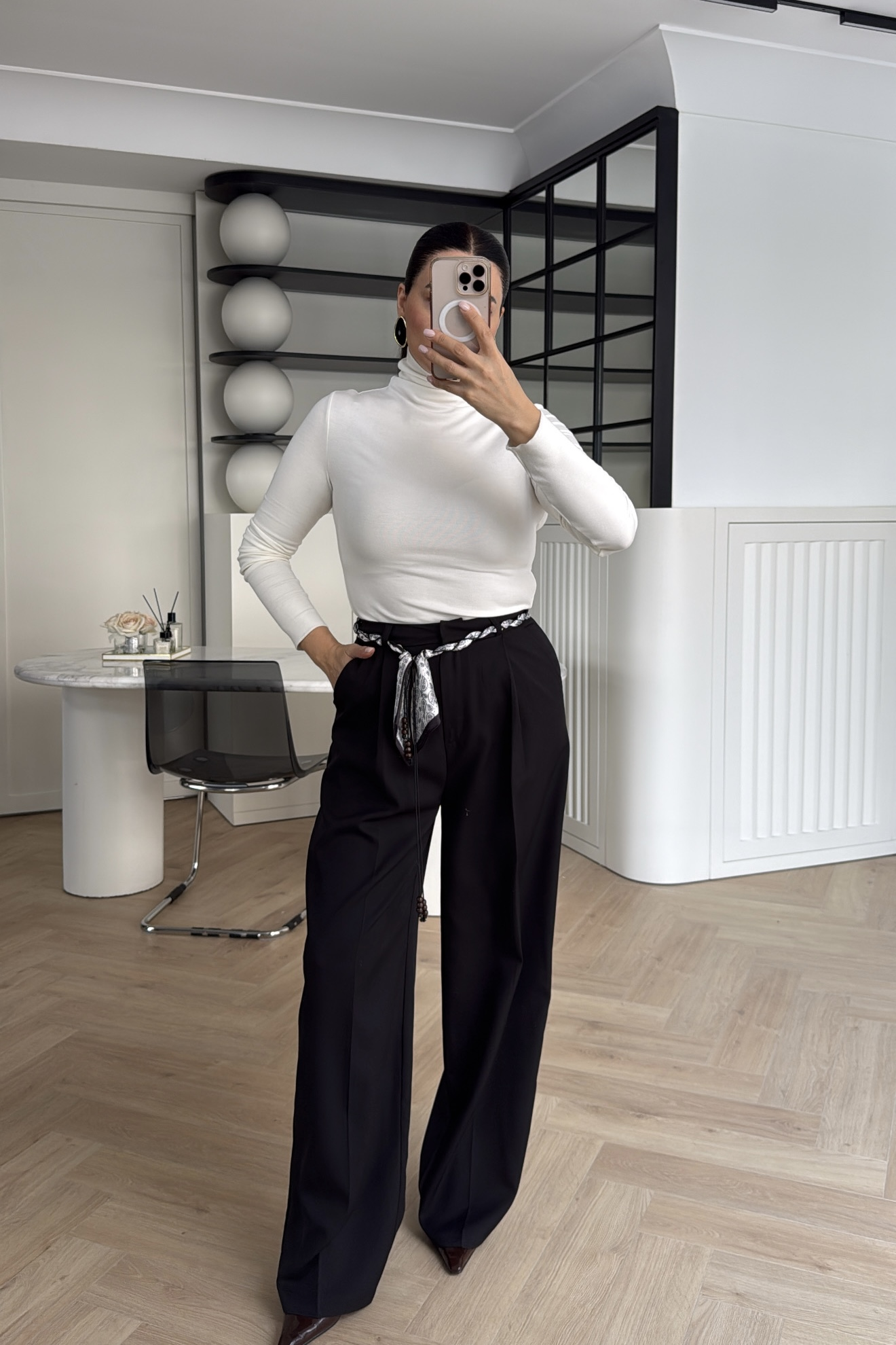 YÜKSEK BEL ŞAL KEMER DETAYLI  WİDE LEG PANTOLON SİYAH