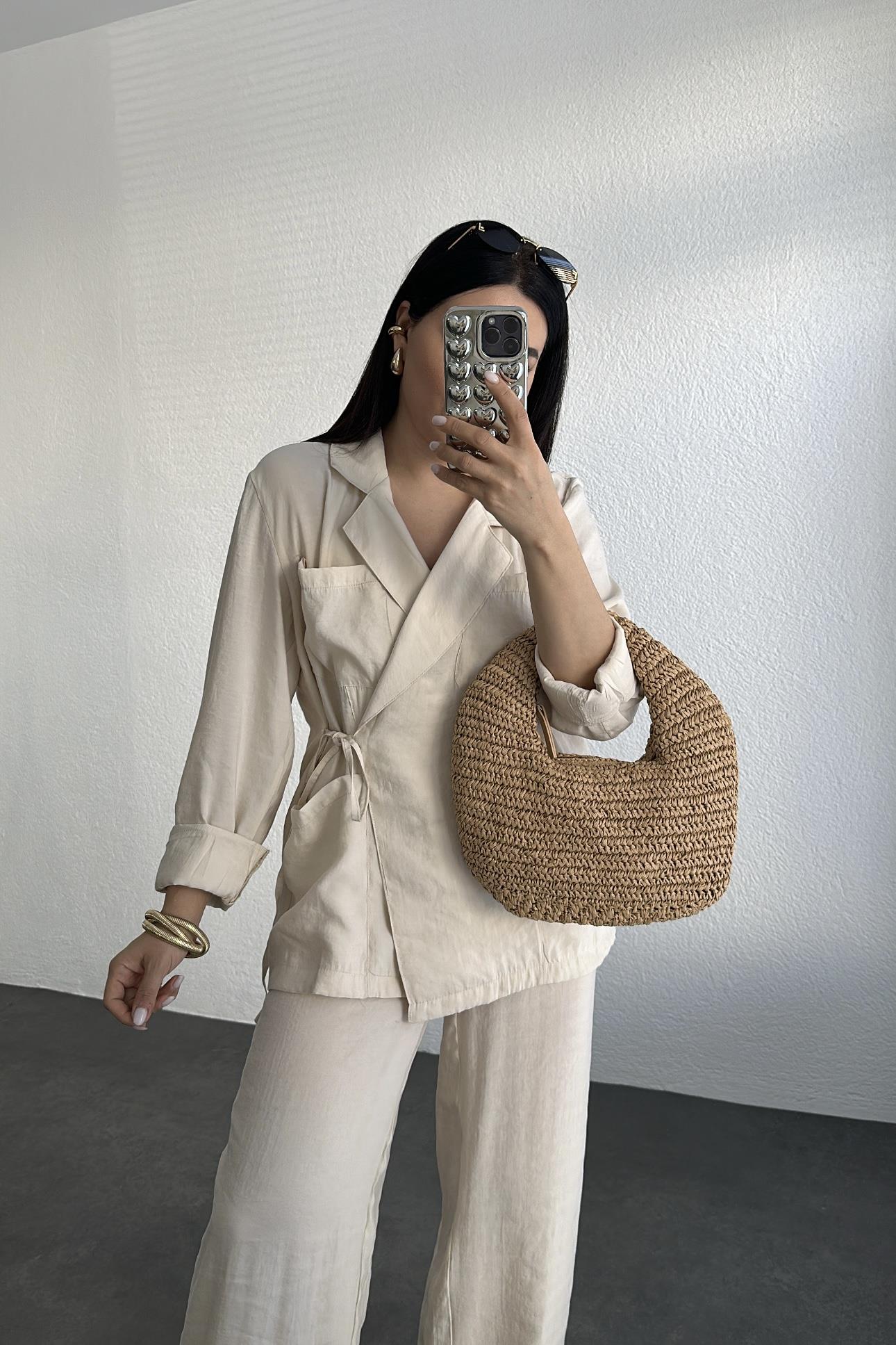 Zr Model Ekru Bağlamalı Ceket Pantolon Takım