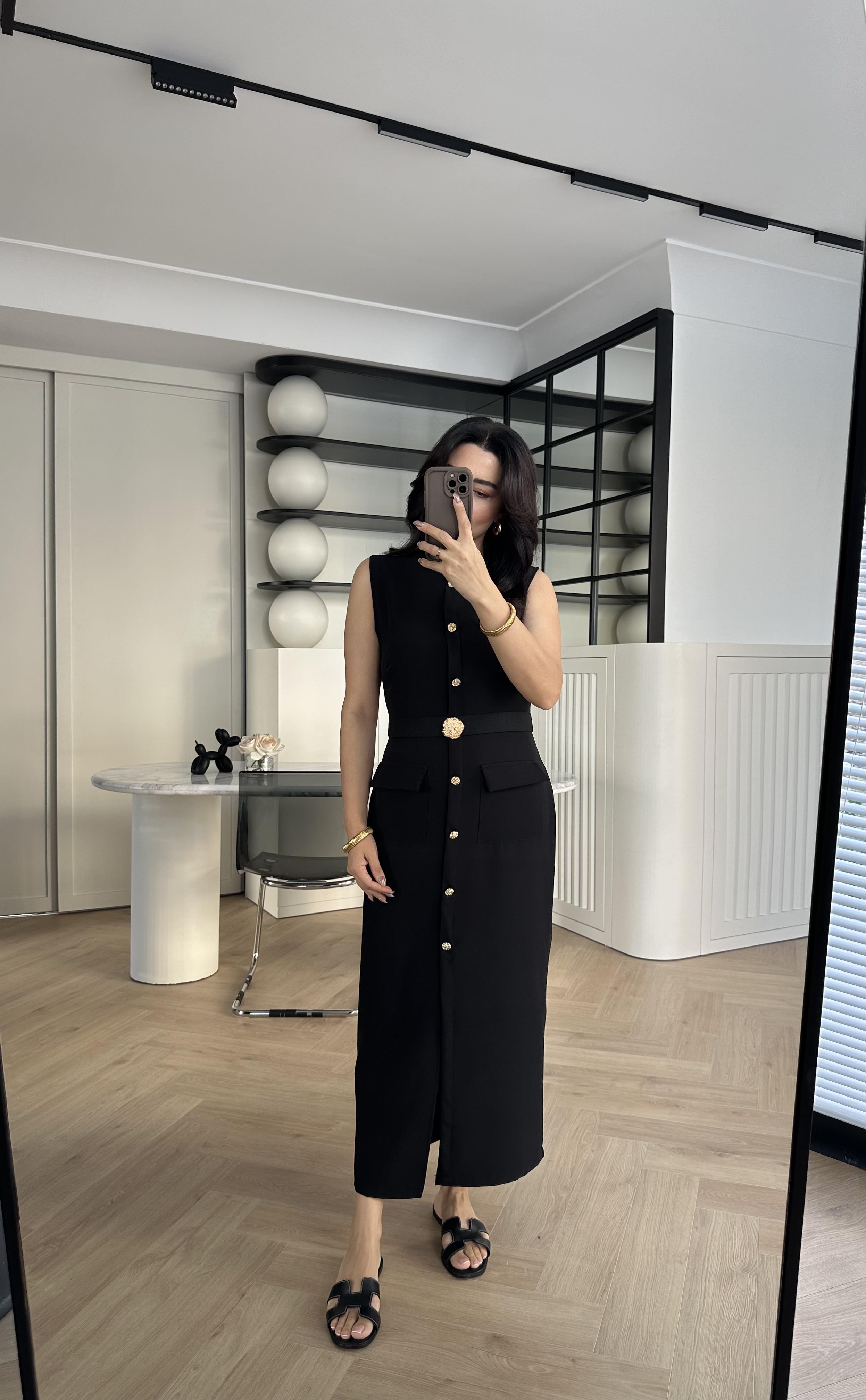 Zr Model Gold Düğmeli Kemerli Elbise