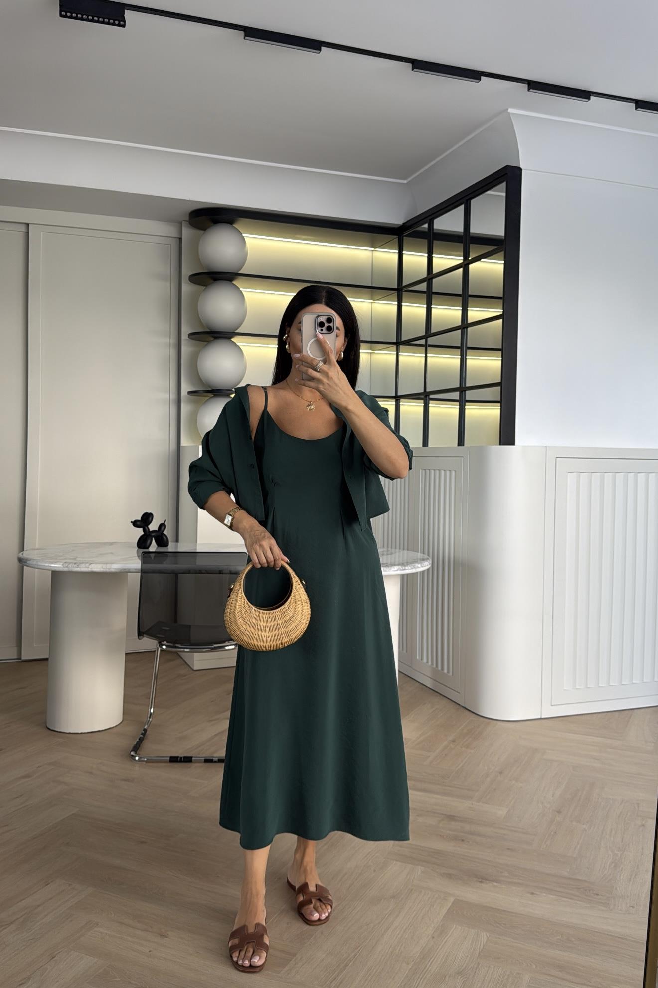 ZÜMRÜT TENSEL GÖMLEK DETAY ASKILI ELBİSE