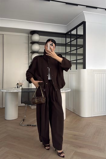 APOLETLİ TENCEL BOMBER TAKIM KAHVE 