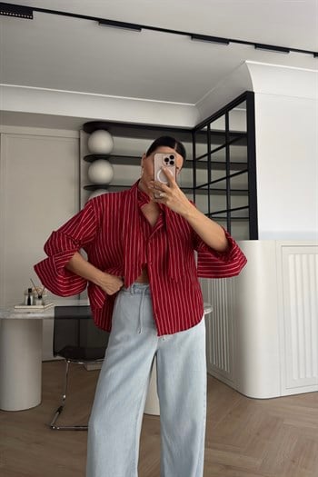 ÇİZGİLİ BAĞLAMALI GÖMLEK KIRMIZI 