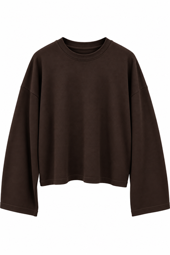 Geniş Kol Detay Basic T-shirt Kahve
