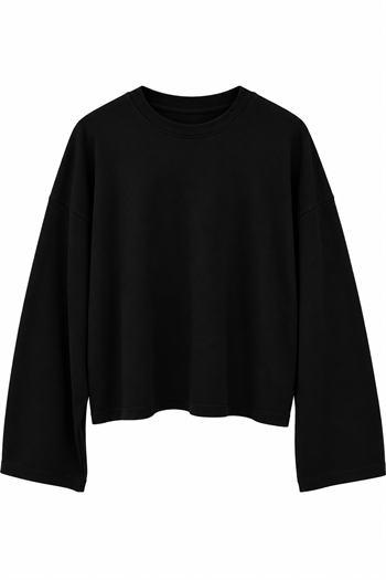 Geniş Kol Detay Basic T-shirt Siyah
