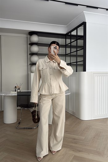 GENİŞ PAÇA DENİM PANTOLON EKRU 