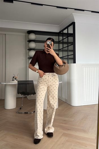 GENİŞ PAÇA WİDE LEG PUANTİYELİ PANTOLON BEJ