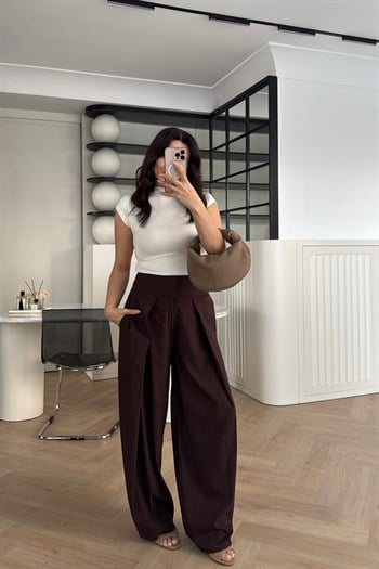 GENİŞ PİLİLİ PANTOLON KAHVE 
