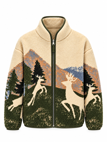 Geyik Desenli Yeşil Polar Ceket