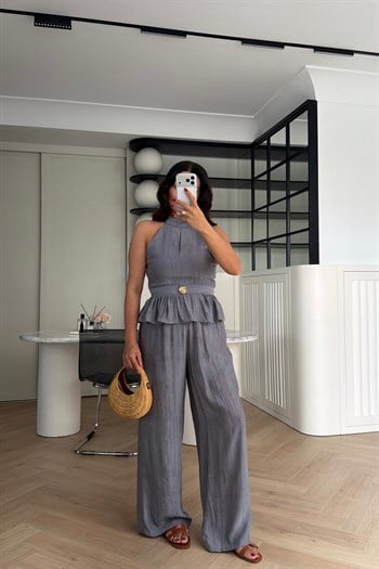 GOLD DÜĞME DETAYLI PEPLUM TAKIM GRİ 