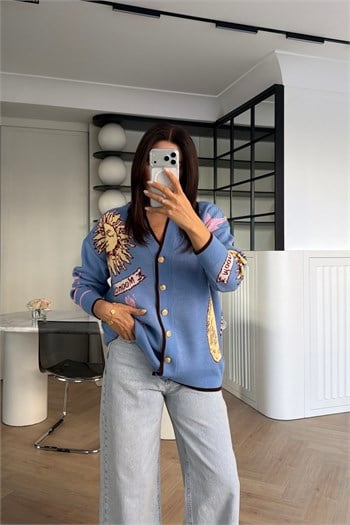 GÜNEŞ DESENLİ OVERSİZE HIRKA MAVİ 