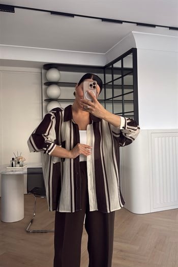 KETEN ÇİZGİLİ GÖMLEK KAHVE TAŞ 