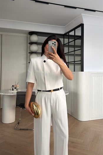 MANDARİN YAKA TEK DÜĞMELİ CROP BLAZER BEYAZ 