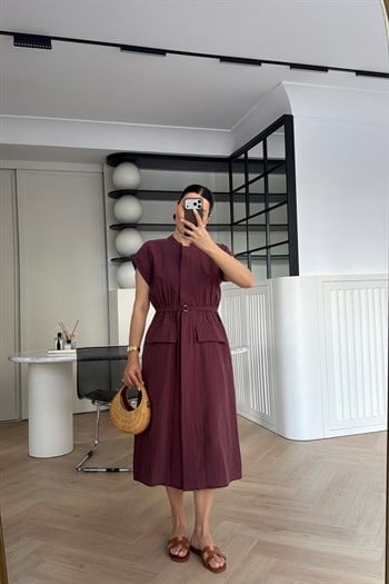 MARKA MODEL KEMERLİ CEP DETAYLI MİDİ ELBİSE MÜRDÜM  