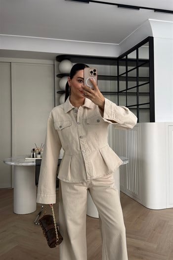 PEPLUM KESİN DENİM CEKET EKRU 