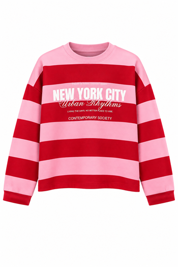 Premium Seri Baskılı Çizgili Sweatshirt Pembe