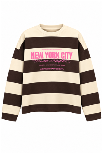 Premium Seri Baskılı Çizgili Sweatshirt Kahve 