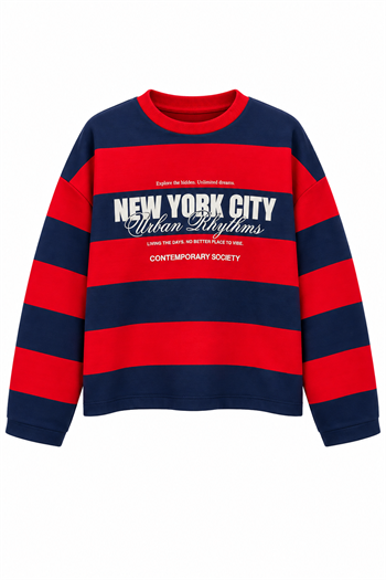 Premium Seri Baskılı Çizgili Sweatshirt Mavi 